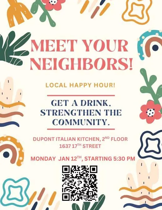 The first flyer, January 2026, "Meet Your Neighbors! Local happy hour" with a QR code