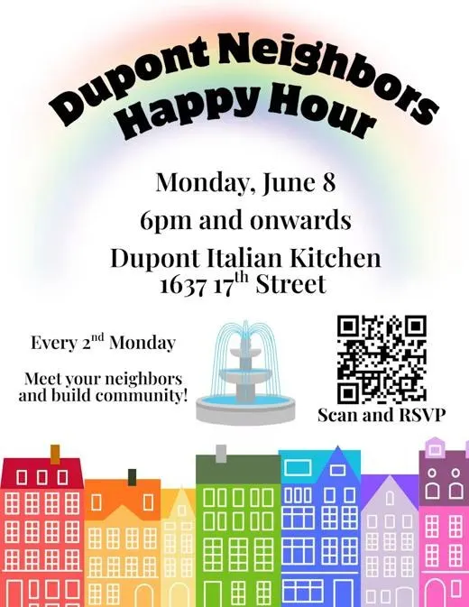 June happy hour flyer with a rainbow arch over colorful rowhouses and the Dupont fountain