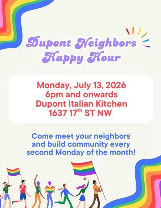 July happy hour flyer with rainbow waves and illustrated neighbors carrying pride flags