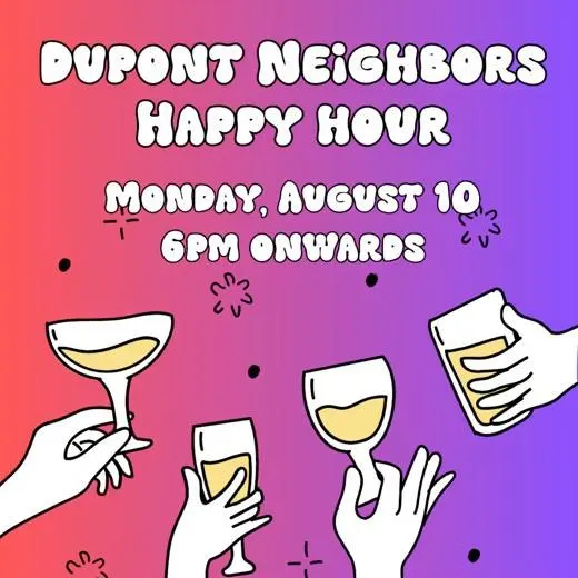 August happy hour flyer, "Monday, August 10, 6pm onwards", with raised glasses on a pink-to-purple gradient