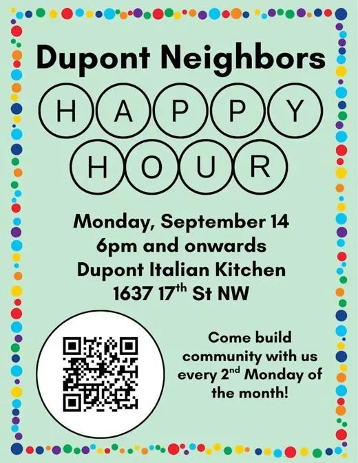 September happy hour flyer on mint green with the letters of HAPPY HOUR in circles and a confetti-dot border